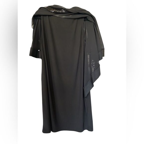 R&M Richards Knee-Length Dress w Sequined Sheer Draped Asymmetrical  Poncho 14W - Picture 3 of 11